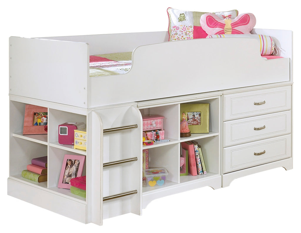 Lulu B102B16 White Twin Loft Bed with 3 Drawer Storage and Bookcase
