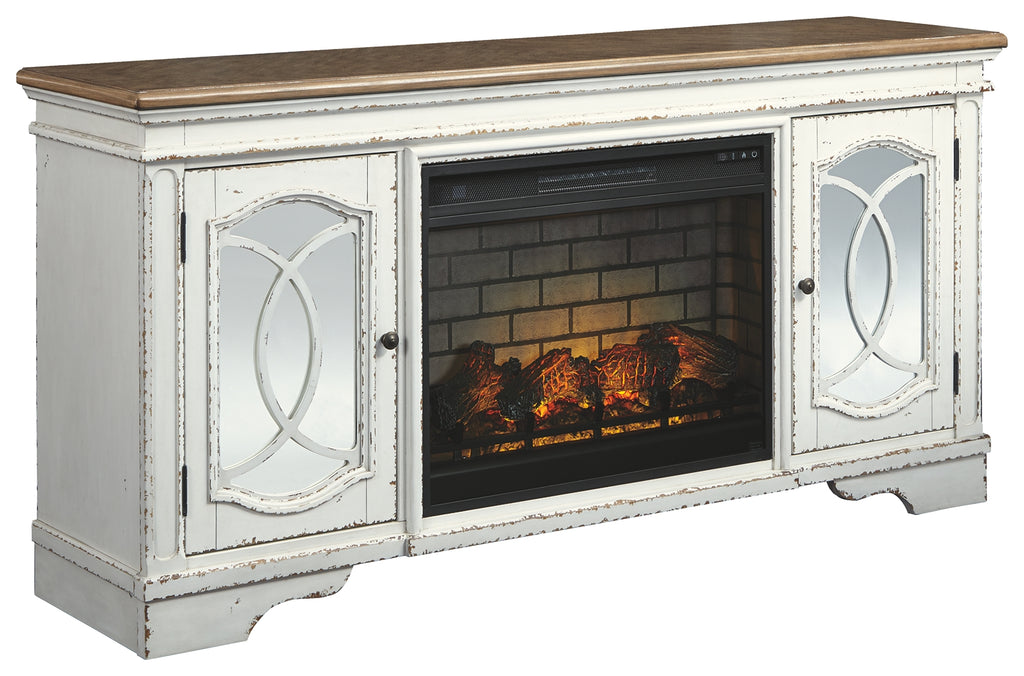 Realyn W743W2 Chipped White 74 TV Stand with Electric Fireplace